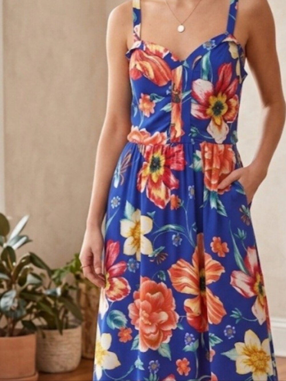 Moulinette Souers Blue Floral Midi Halter Dress Size 8 Flaws